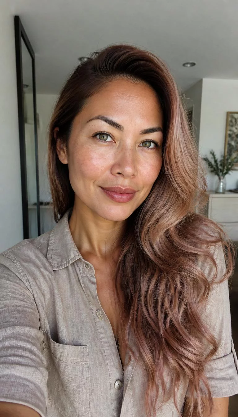 selfie of a 35-year-old Southeast Asian woman with a oblong face, tan, aquiline nose, thick natural eyebrows, and wide lips. Her face features widow's peak hairline, light freckles, and subtle natural facial asymmetry. She has upturned green eyes, pronounced cheekbones, closed-mouth smile, thoughtful. She is athletic and is wearing a Taupe Chambray Shirt with vintage rose gold long wavy hair, bright natural daylight, indoor