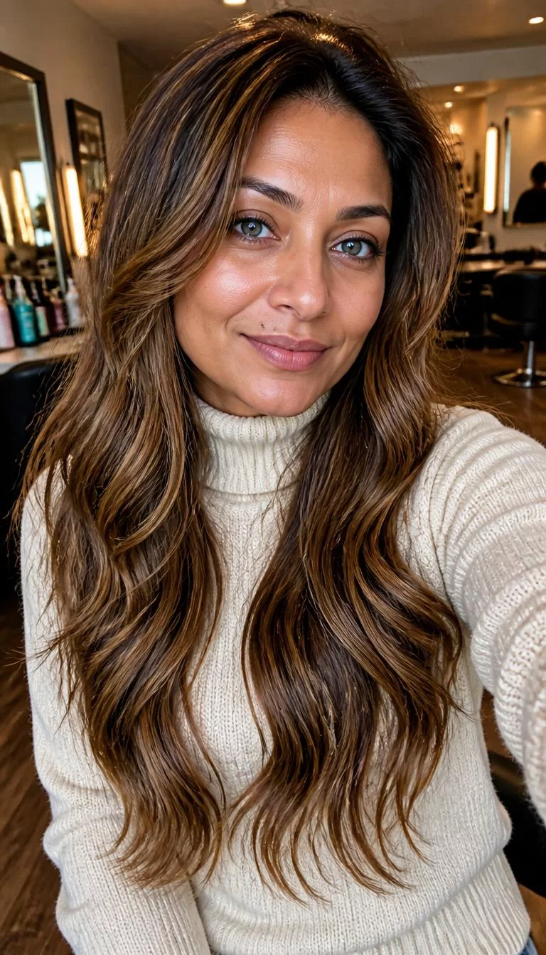 selfie of a 35-year-old South Asian woman with a pear-shaped face, olive, button nose, thin arched eyebrows, and thin lips. Her face features beauty mark near the lip, a few laugh lines, and subtle natural facial asymmetry. She has deep-set blue eyes, soft cheekbones, subtle smile, cheerful. She is petite and is wearing a Cream Turtleneck Sweater with toasted honey balayage waist-length wavy hair, warm indoor lighting, hair salon