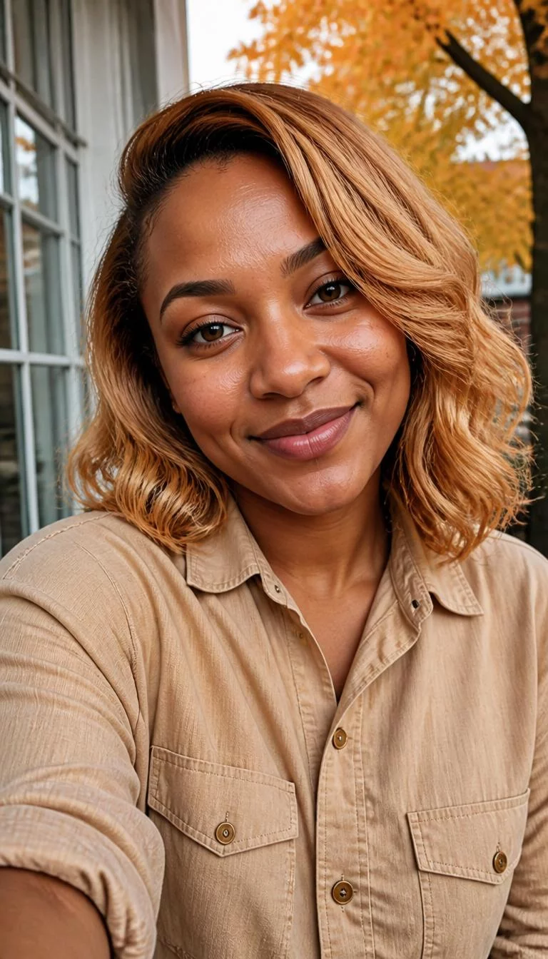 selfie of a 24-year-old Afro-Caribbean woman with a heart-shaped face, deep brown, rounded nose, thin arched eyebrows, and full lips. Her face features dimples, visible pores, and subtle natural facial asymmetry. She has downturned brown eyes, high cheekbones, broad smile, thoughtful. She is average and is wearing a Tan Chambray Shirt with golden apricot blonde shoulder-length wavy hair, soft window light, fall outdoor background