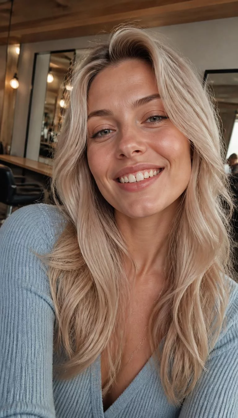 selfie of a 23-year-old Eastern European woman with a square face, golden brown, narrow nose, thin arched eyebrows, and wide lips. Her face features gap between front teeth, visible pores, and subtle natural facial asymmetry. She has monolid gray eyes, pronounced cheekbones, broad smile, confident. She is slim and is wearing a Light Blue Knit Top with silver birch blonde long wavy hair, warm indoor lighting, hair salon