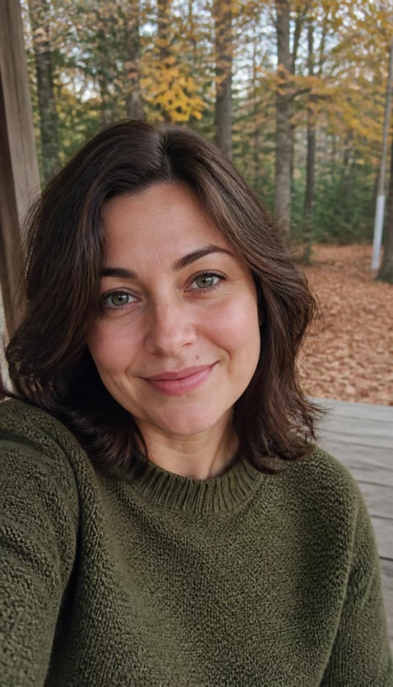 selfie of a 39-year-old Northern European woman with a oval face, deep brown, straight nose, feathered eyebrows, and heart-shaped lips. Her face features beauty mark near the lip, faint under-eye shadows, and subtle natural facial asymmetry. She has hooded green eyes, rounded cheeks, broad smile, relaxed. She is petite and is wearing a Olive Green Sweater with roasted chestnut brown shoulder-length wavy hair, soft window light, fall outdoor background