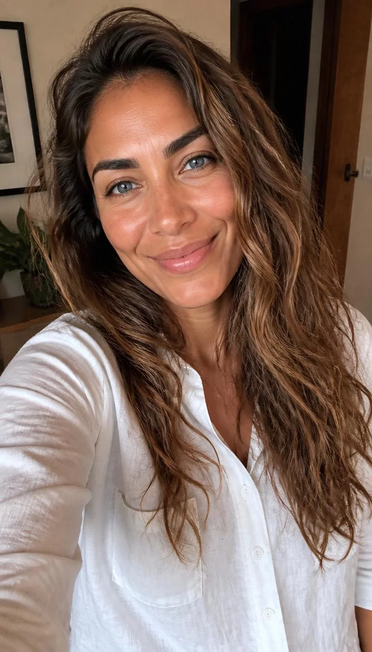 selfie of a 36-year-old Latina woman with a oblong face, dark brown, aquiline nose, thick natural eyebrows, and wide lips. Her face features dimples, slightly flushed cheeks, and subtle natural facial asymmetry. She has deep-set blue eyes, soft cheekbones, broad smile, relaxed. She is athletic and is wearing a White Chambray Shirt with sun kissed maple long wavy hair, warm indoor lighting, indoor