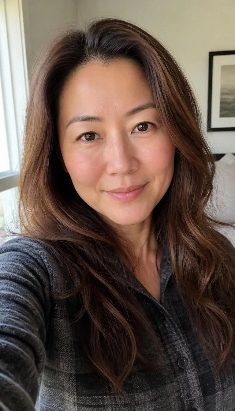 selfie of a 39-year-old East Asian woman with a pear-shaped face, olive, straight nose, feathered eyebrows, and thin lips. Her face features widow's peak hairline, slightly flushed cheeks, and subtle natural facial asymmetry. She has round dark brown eyes, soft cheekbones, subtle smile, confident. She is athletic and is wearing a Charcoal Flannel Shirt with oak barrel brown long wavy hair, soft window light, indoor