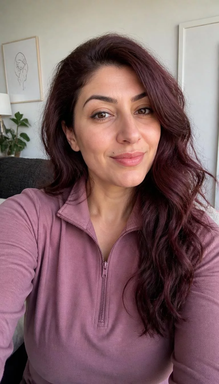 selfie of a 35-year-old Middle Eastern woman with a square face, light, aquiline nose, softly curved eyebrows, and full lips. Her face features beauty mark near the lip, faint under-eye shadows, and subtle natural facial asymmetry. She has upturned dark brown eyes, soft cheekbones, closed-mouth smile, cheerful. She is petite and is wearing a Mauve Quarter-Zip Pullover with mulled wine burgundy long wavy hair, bright natural daylight, indoor