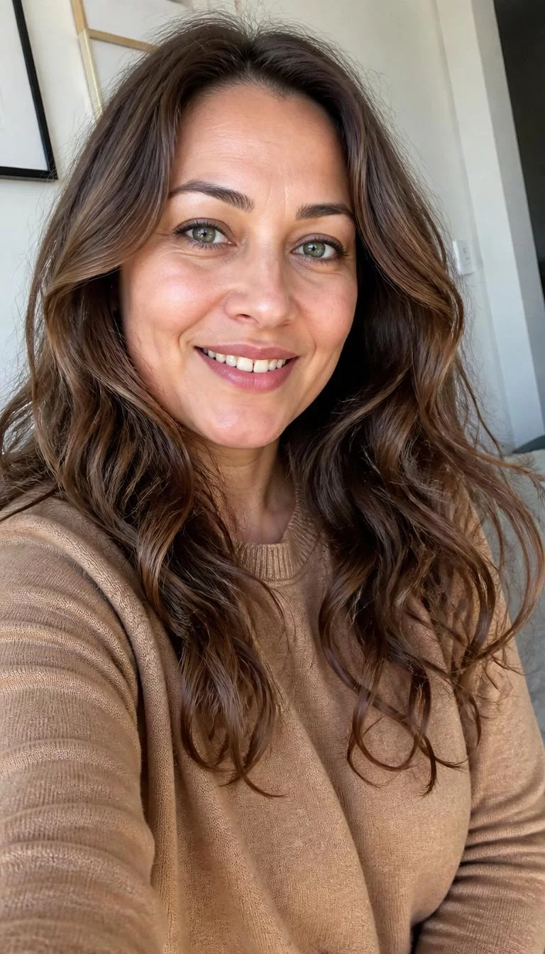 selfie of a 46-year-old Eastern European woman with a round face, olive, button nose, thin arched eyebrows, and wide lips. Her face features gap between front teeth, faint under-eye shadows, and subtle natural facial asymmetry. She has almond-shaped green eyes, soft cheekbones, broad smile, confident. She is petite and is wearing a Camel Sweater with toasted walnut long wavy hair, bright natural daylight, indoor
