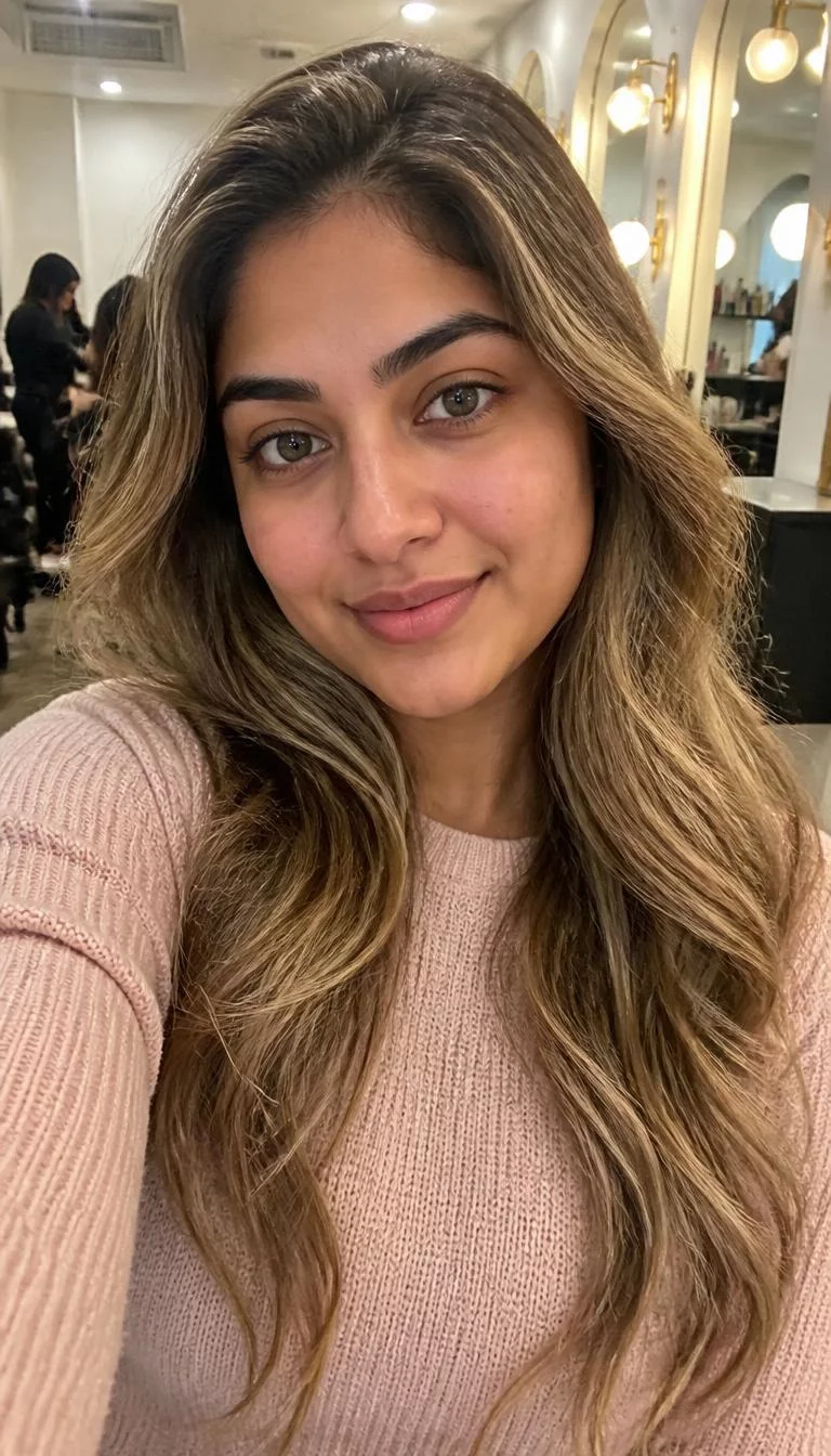 selfie of a 32-year-old South Asian woman with a pear-shaped face, golden brown, button nose, thick natural eyebrows, and heart-shaped lips. Her face features slightly crooked smile, subtle acne marks, and subtle natural facial asymmetry. She has deep-set gray eyes, rounded cheeks, subtle smile, relaxed. She is athletic and is wearing a Blush Pink Sweater with buttery vanilla bean long wavy hair, warm indoor lighting, hair salon