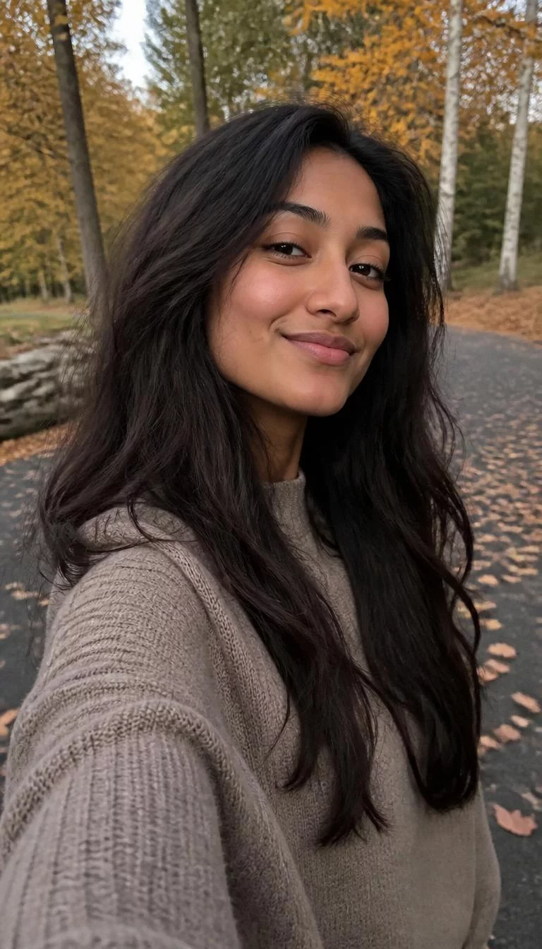 selfie ('A side photo' if the view is from the side or back) of a 29-year-old South Asian woman with a diamond face, tan, rounded nose, thin arched eyebrows, and wide lips. Her face features slightly crooked smile, slightly flushed cheeks, and subtle natural facial asymmetry. She has monolid dark brown eyes, high cheekbones, subtle smile, playful. She is slim and is wearing a Taupe Oversized Sweater with inky blackberry brunette long wavy hair, warm indoor lighting, fall outdoor background