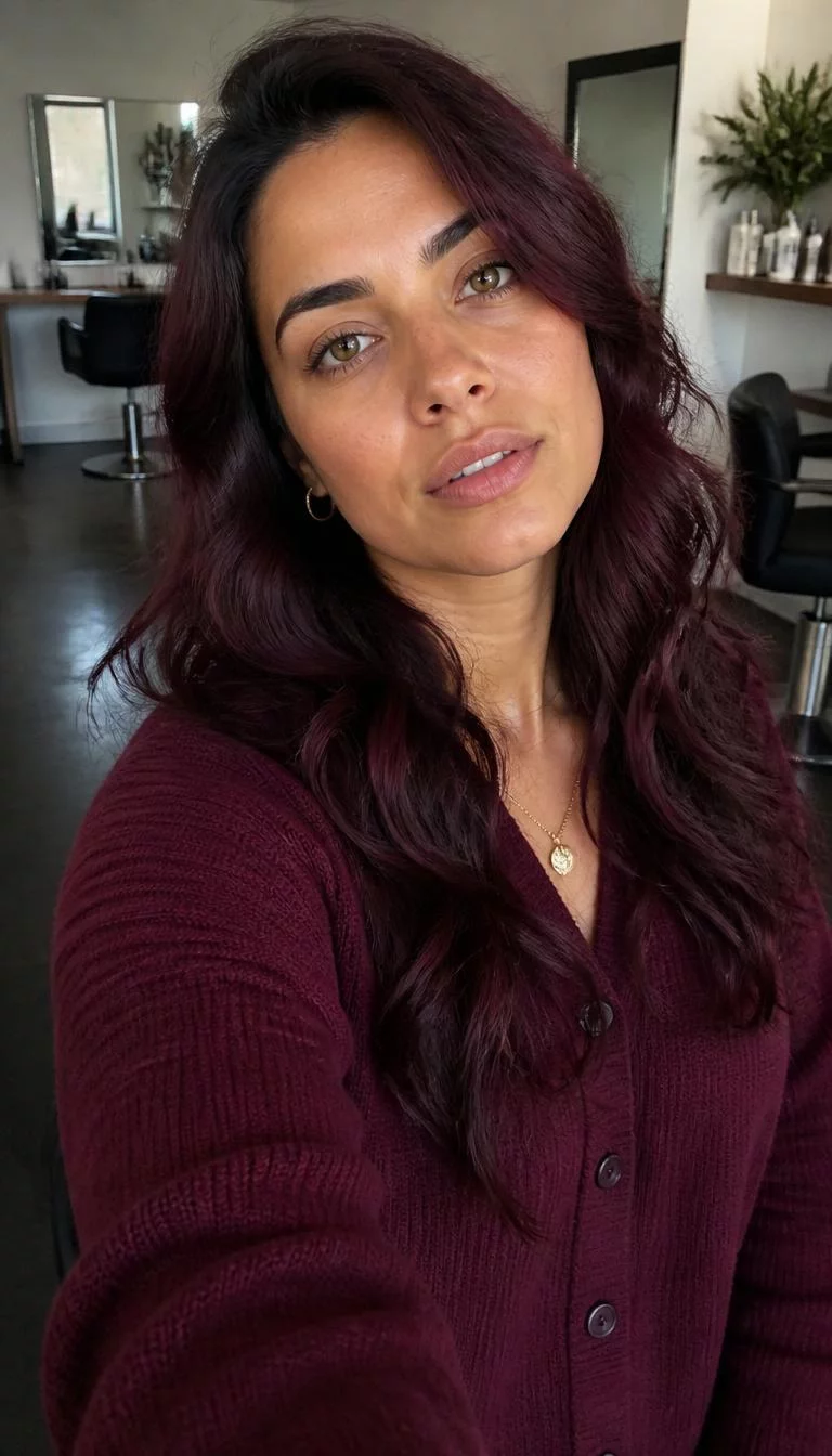 selfie of a 29-year-old Mediterranean woman with a round face, tan, button nose, feathered eyebrows, and heart-shaped lips. Her face features gap between front teeth, a few laugh lines, and subtle natural facial asymmetry. She has upturned hazel eyes, high cheekbones, neutral expression, thoughtful. She is athletic and is wearing a Burgundy Cardigan with velvet plum mid-back wavy hair, overcast daylight, hair salon