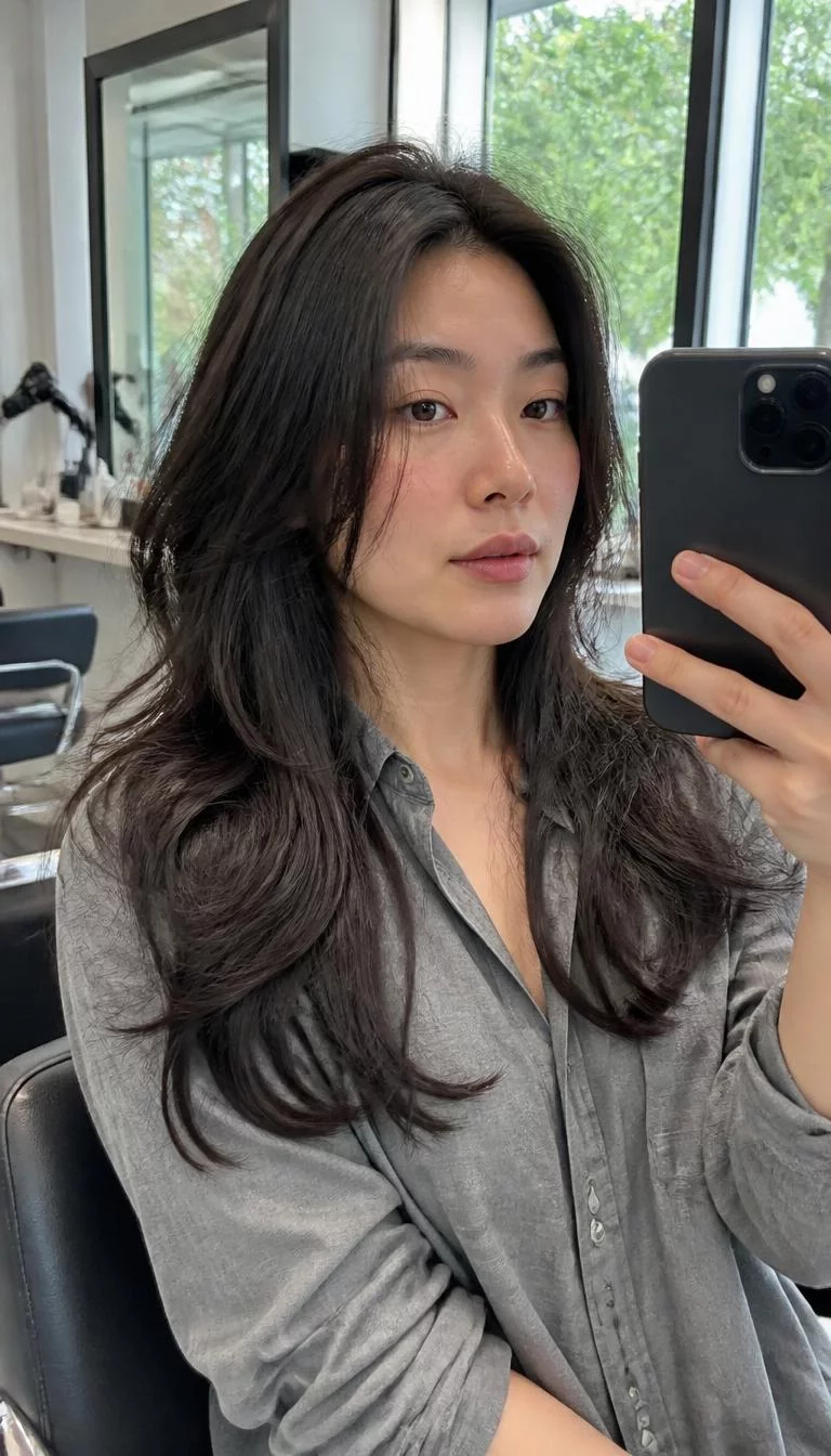 selfie ('A side photo' if the view is from the side or back) of a 30-year-old East Asian woman with a heart-shaped face, olive, broad nose, straight eyebrows, and thin lips. Her face features beauty mark near the lip, slightly flushed cheeks, and subtle natural facial asymmetry. She has round blue eyes, soft cheekbones, neutral expression, thoughtful. She is curvy and is wearing a Gray Button-Up Shirt with ashy charcoal brunette long wavy hair, bright natural daylight, hair salon