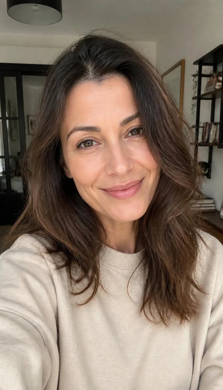selfie of a 39-year-old Mediterranean woman with a oval face, light, narrow nose, straight eyebrows, and wide lips. Her face features widow's peak hairline, a few laugh lines, and subtle natural facial asymmetry. She has monolid dark brown eyes, soft cheekbones, broad smile, thoughtful. She is petite and is wearing a Beige Crewneck Sweatshirt with soft sandalwood mid-length wavy hair, bright natural daylight, indoor