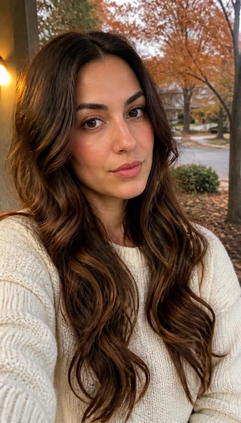 selfie of a 31-year-old Southern European woman with a diamond face, light, aquiline nose, straight eyebrows, and full lips. Her face features slightly crooked smile, slightly flushed cheeks, and subtle natural facial asymmetry. She has round brown eyes, rounded cheeks, neutral expression, confident. She is slim and is wearing a Ivory Sweater with cold brew swirl long cascading wavy hair, warm indoor lighting, fall outdoor background
