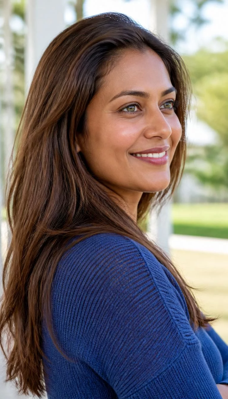 Sun-Kissed Walnut A side photo of a 38-year-old South Asian woman with a round face, golden brown, narrow nose, thin arched eyebrows, and heart-shaped lips. Her face features uneven eyebrows, visible pores, and subtle natural facial asymmetry. She has upturned green eyes, high cheekbones, broad smile, confident. She is athletic and is wearing a denim blue knit top with sun-kissed walnut long layered hair, bright natural daylight, outdoor