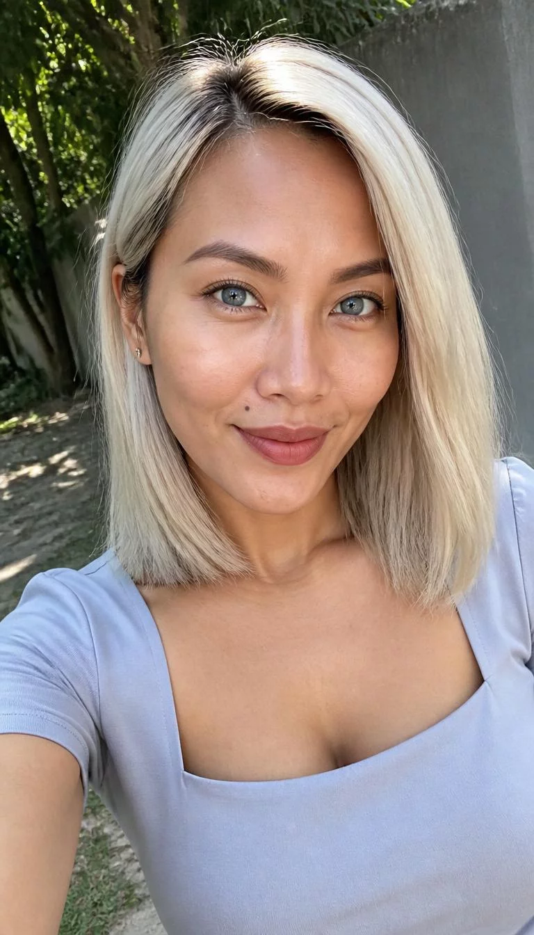 Icy Platinum Root Shadow selfie of a 32-year-old Southeast Asian woman with a diamond face, tan, aquiline nose, thin arched eyebrows, and heart-shaped lips. Her face features beauty mark near the lip, subtle acne marks, and subtle natural facial asymmetry. She has deep-set blue eyes, rounded_cheeks, closed-mouth smile, confident. She is average and is wearing a light gray square-neck blouse with icy platinum root shadow shoulder length straight hair, bright natural daylight, outdoor