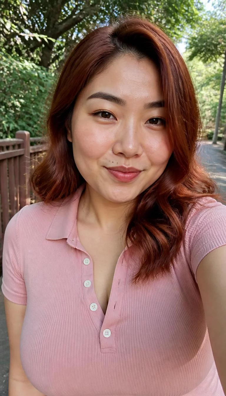 selfie of a 30-year-old East Asian woman with a square face, light, upturned nose, thick natural eyebrows, and full lips. Her face features beauty mark near the lip, visible pores, and subtle natural facial asymmetry. She has upturned dark brown eyes, soft cheekbones, closed-mouth smile, playful. She is curvy and is wearing a blush pink polo shirt with cider glazed auburn medium-length wavy hair, soft window light, outdoor
