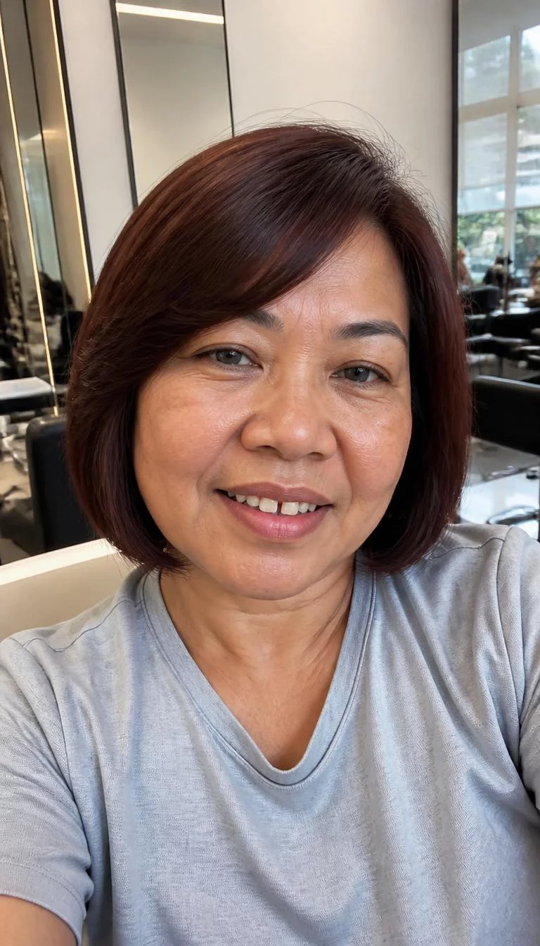 Warm Cocoa Bean selfie of a 49-year-old Southeast Asian woman with a pear-shaped face, olive, button nose, feathered eyebrows, and full lips. Her face features gap between front teeth, visible pores, and subtle natural facial asymmetry. She has monolid gray eyes, rounded cheeks, neutral expression, cheerful. She is average and is wearing a light gray activewear top with rich mahogany brown bob hair, overcast daylight, hair salon
