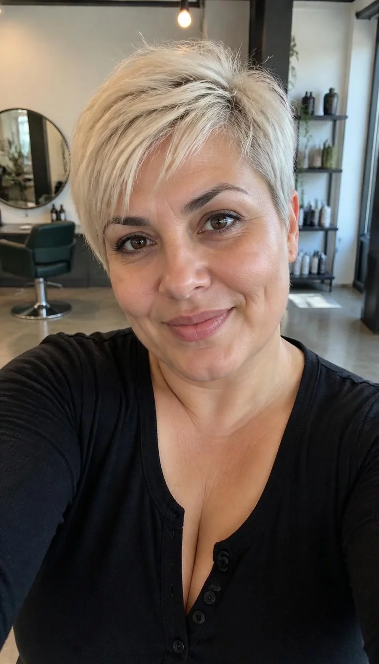 Champagne Ice selfie of a 44-year-old Southern European woman with a round face, fair, narrow nose, feathered eyebrows, and wide lips. Her face features dimples, visible pores, and subtle natural facial asymmetry. She has deep-set dark brown eyes, soft cheekbones, closed-mouth smile, relaxed. She is curvy and is wearing a black henley shirt with very pale cool blonde pixie cut hair, soft window light, hair salon