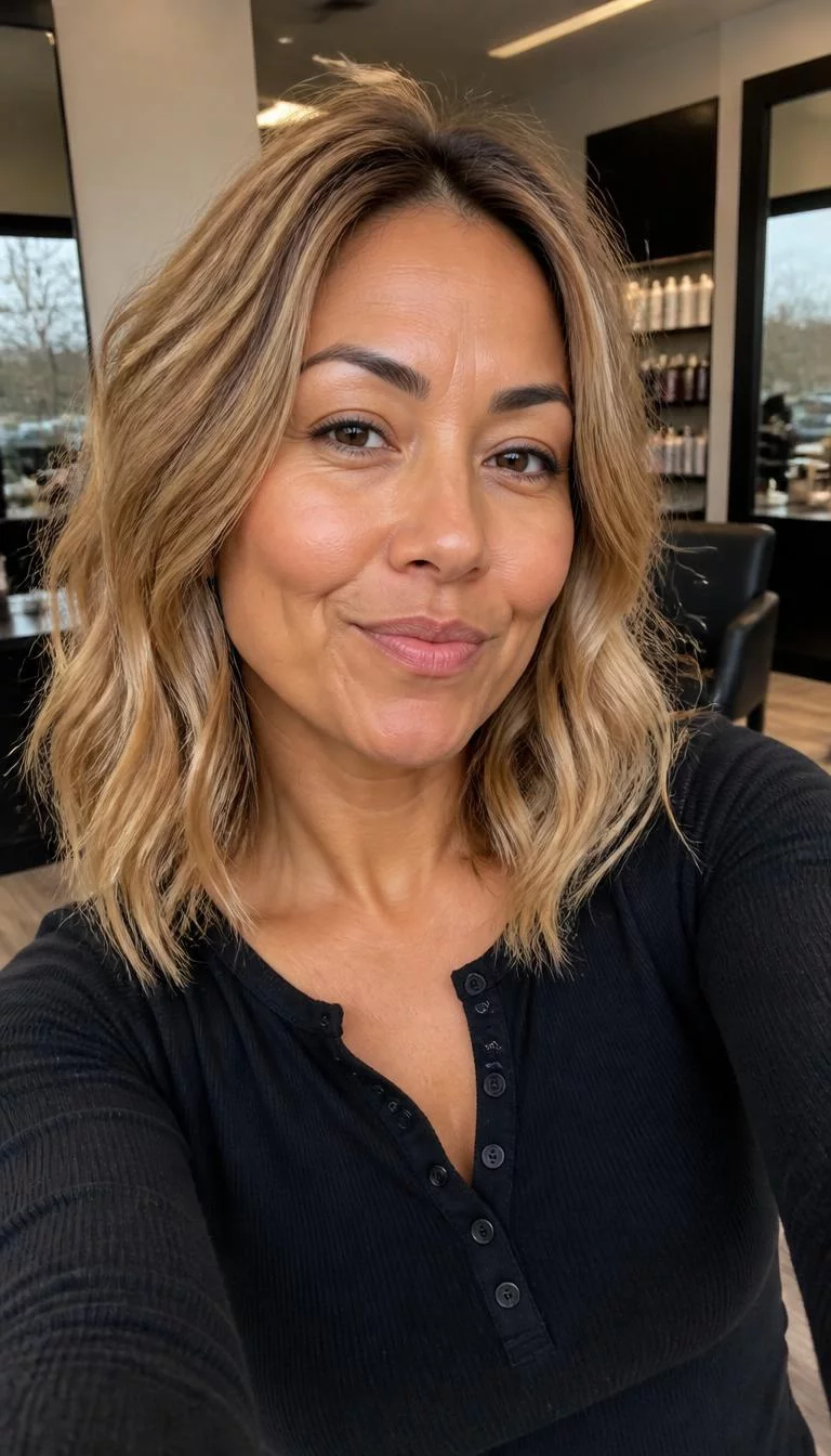 Sandstone Blonde selfie of a 49-year-old Latina woman with a diamond face, golden brown, broad nose, thick natural eyebrows, and heart-shaped lips. Her face features dimples, a few laugh lines, and subtle natural facial asymmetry. She has monolid dark brown eyes, pronounced cheekbones, subtle smile, playful. She is slim and is wearing a black henley shirt with medium sandy blonde wavy lob hair, overcast daylight, hair salon