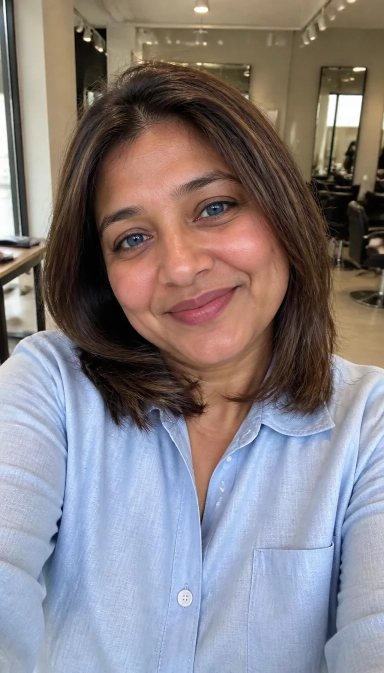 Mushroom Brown Frost selfie of a 42-year-old South Asian woman with a oblong face, dark brown, narrow nose, softly curved eyebrows, and heart-shaped lips. Her face features uneven eyebrows, slightly flushed cheeks, and subtle natural facial asymmetry. She has monolid blue eyes, rounded cheeks, broad smile, playful. She is plus-size and is wearing a baby blue linen shirt with medium ash brown shoulder length hair, soft window light, hair salon