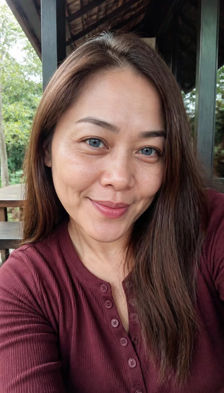 Iced Mocha selfie of a 46-year-old Southeast Asian woman with a round face, fair, broad nose, thick natural eyebrows, and wide lips. Her face features slightly crooked smile, light freckles, and subtle natural facial asymmetry. She has round blue eyes, soft cheekbones, closed-mouth smile, playful. She is slim and is wearing a burgundy henley shirt with cool medium brown sleek hair, soft window light, outdoor