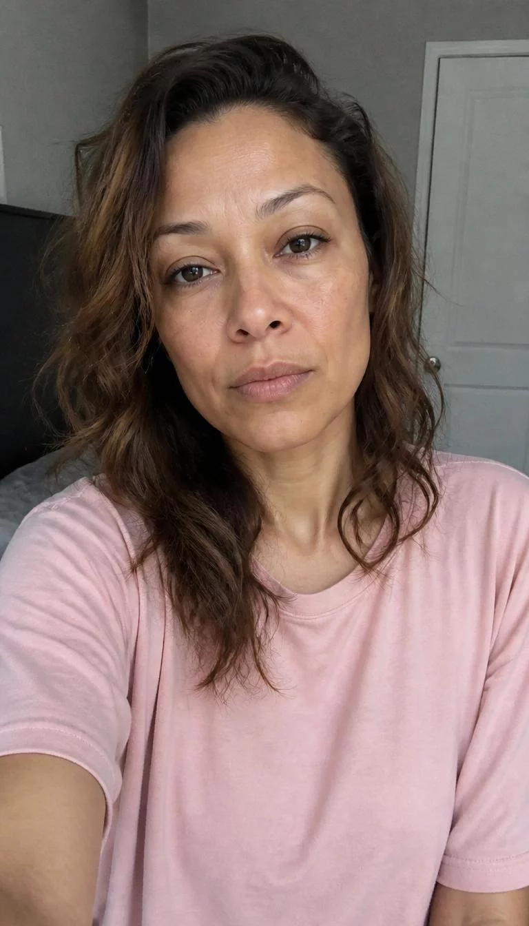 selfie of a 45-year-old Mixed-race woman with a round face, dark brown, upturned nose, thin arched eyebrows, and thin lips. Her face features uneven eyebrows, subtle acne marks, and subtle natural facial asymmetry. She has downturned gray eyes, pronounced cheekbones, neutral expression, relaxed. She is slim and is wearing a blush pink oversized t-shirt with medium copper brown wavy mid-length hair, overcast daylight, indoor
