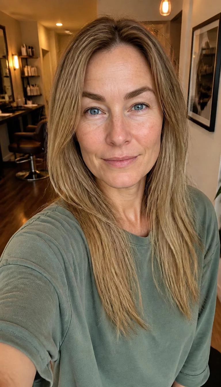 Oat Milk Beige selfie of a 43-year-old Northern European woman with a round face, dark brown, aquiline nose, thick natural eyebrows, and thin lips. Her face features widow's peak hairline, light freckles, and subtle natural facial asymmetry. She has monolid blue eyes, soft cheekbones, neutral expression, cheerful. She is slim and is wearing a sage green oversized t-shirt with medium neutral blonde straight hair, warm indoor lighting, hair salon