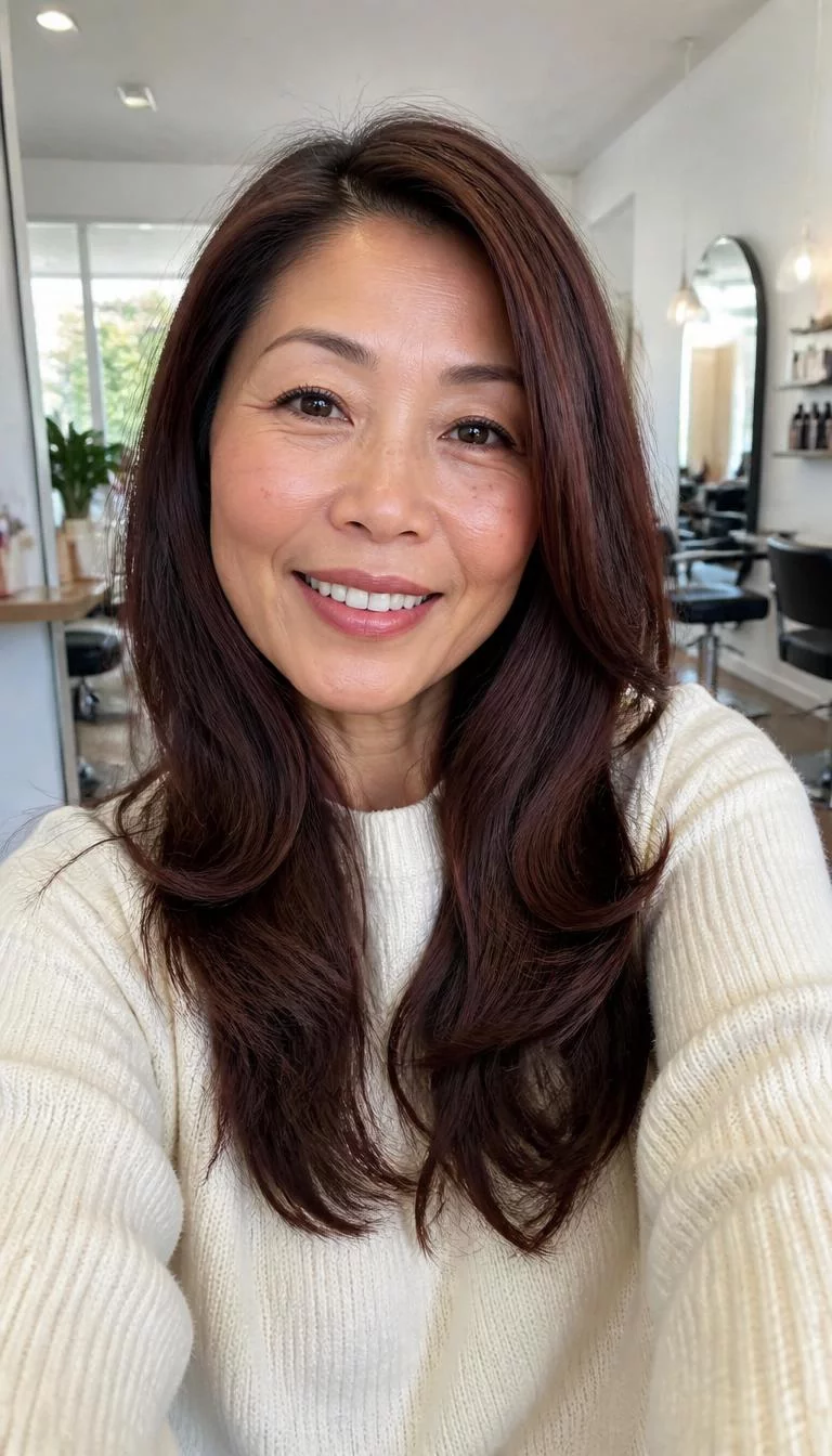 Rich Mahogany Wood selfie of a 55-year-old East Asian woman with a pear-shaped face, dark brown, aquiline nose, feathered eyebrows, and wide lips. Her face features uneven eyebrows, visible pores, and subtle natural facial asymmetry. She has almond-shaped dark brown eyes, high cheekbones, broad smile, confident. She is petite and is wearing a cream sweater with rich mahogany wood long soft waves hair, bright natural daylight, hair salon