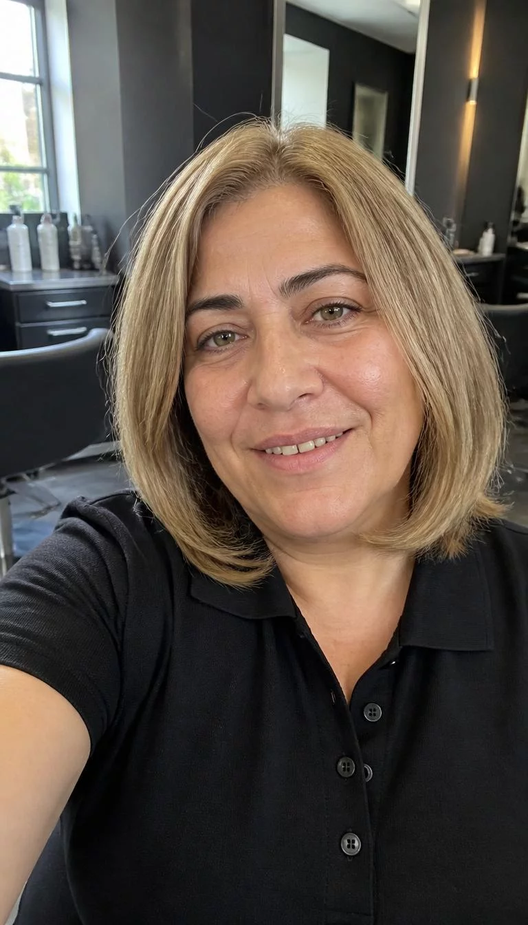 Antique Gold Pearl selfie of a 59-year-old Middle Eastern woman with a oval face, olive, rounded nose, thick natural eyebrows, and thin lips. Her face features gap between front teeth, visible pores, and subtle natural facial asymmetry. She has downturned green eyes, pronounced cheekbones, closed-mouth smile, relaxed. She is plus-size and is wearing a black polo shirt with antique gold pearl blunt lob hair, soft window light, hair salon