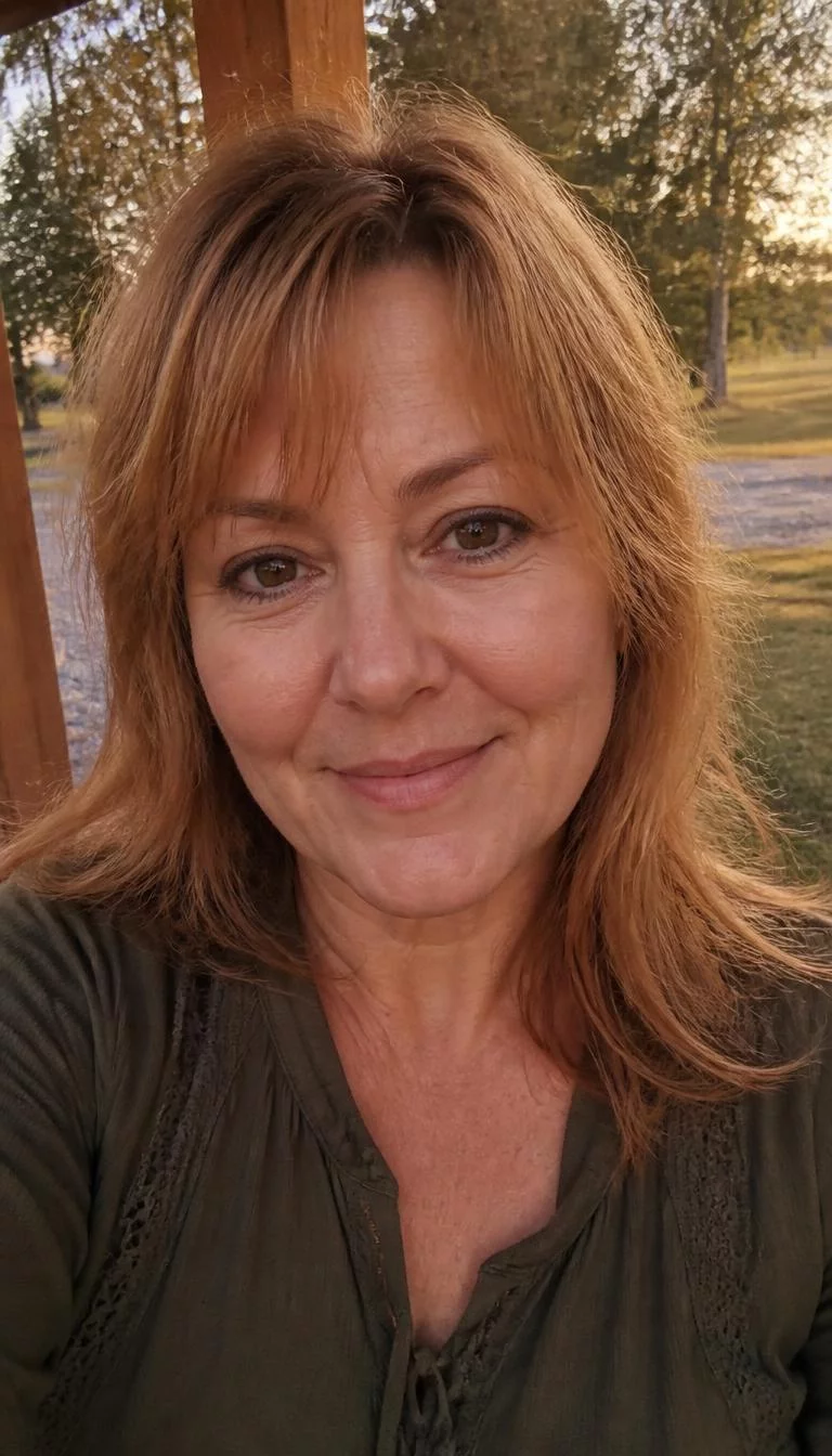 Sun-Ripened Apricot selfie of a 53-year-old Northern European woman with a heart-shaped face, light, upturned nose, thick natural eyebrows, and thin lips. Her face features widow's peak hairline, subtle acne marks, and subtle natural facial asymmetry. She has hooded dark brown eyes, soft cheekbones, subtle smile, cheerful. She is average and is wearing a olive green tunic top with sun-ripened apricot wispy bangs and layers hair, warm indoor lighting, outdoor