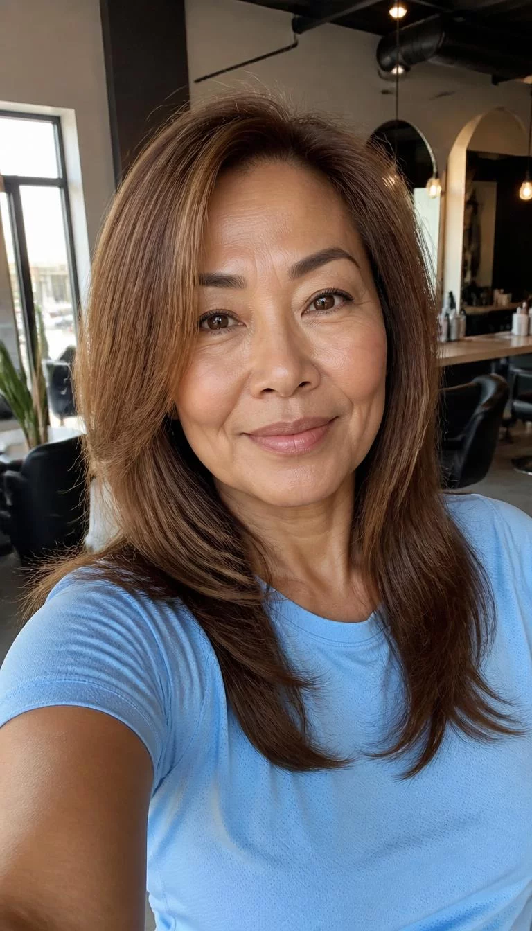 Honeyed Almond Brown selfie of a 58-year-old East Asian woman with a oblong face, tan, broad nose, thick natural eyebrows, and full lips. Her face features dimples, a few laugh lines, and subtle natural facial asymmetry. She has round amber eyes, soft cheekbones, subtle smile, relaxed. She is petite and is wearing a baby blue athletic performance shirt with honeyed almond brown face-framing layers hair, soft window light, hair salon