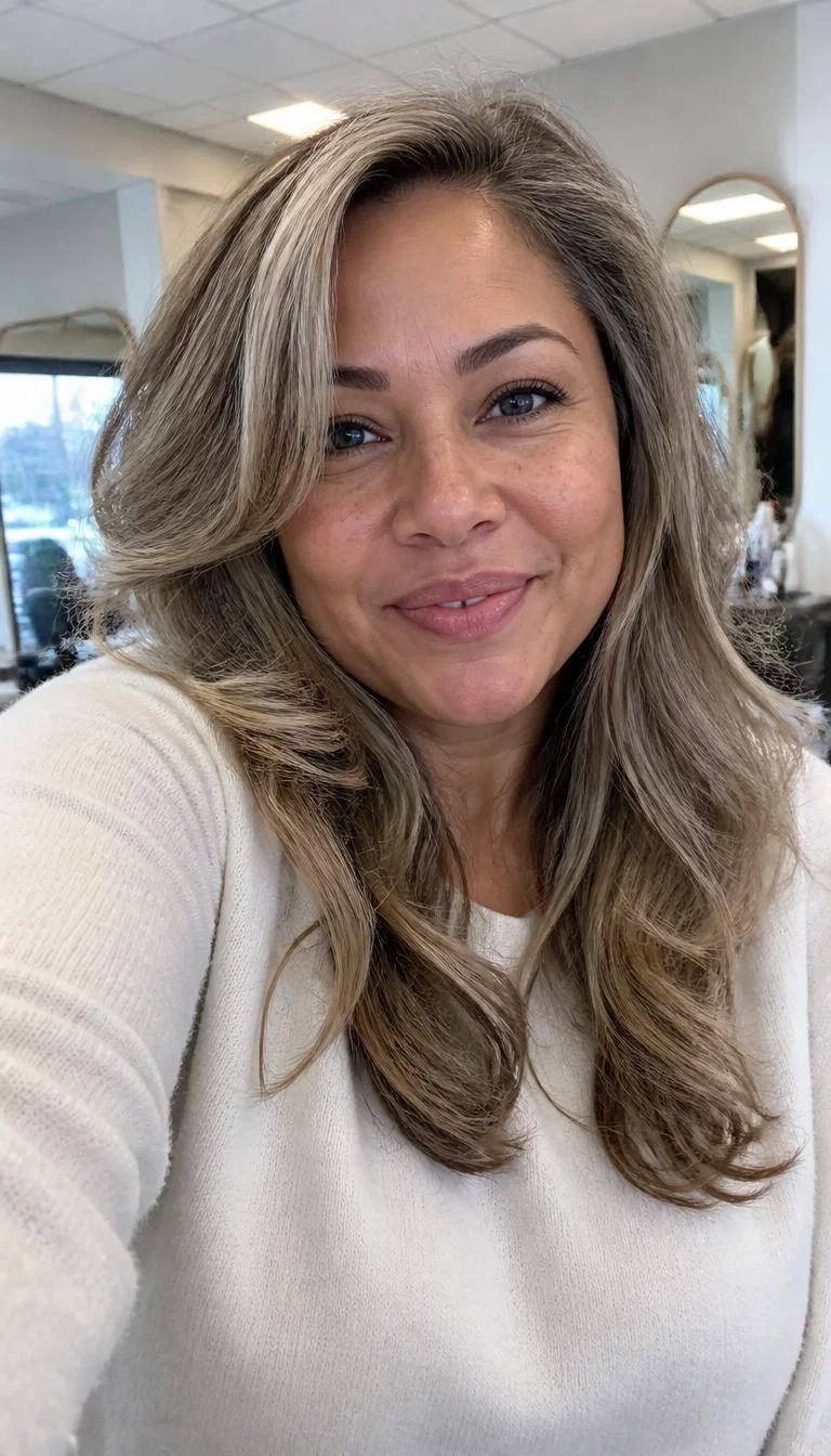 Champagne Silver Fox selfie of a 51-year-old Latina woman with a heart-shaped face, dark brown, rounded nose, thin arched eyebrows, and full lips. Her face features gap between front teeth, light freckles, and subtle natural facial asymmetry. She has deep-set blue eyes, rounded cheeks, closed-mouth smile, playful. She is plus-size and is wearing a white cashmere sweater with champagne silver fox long layered hair, overcast daylight, hair salon
