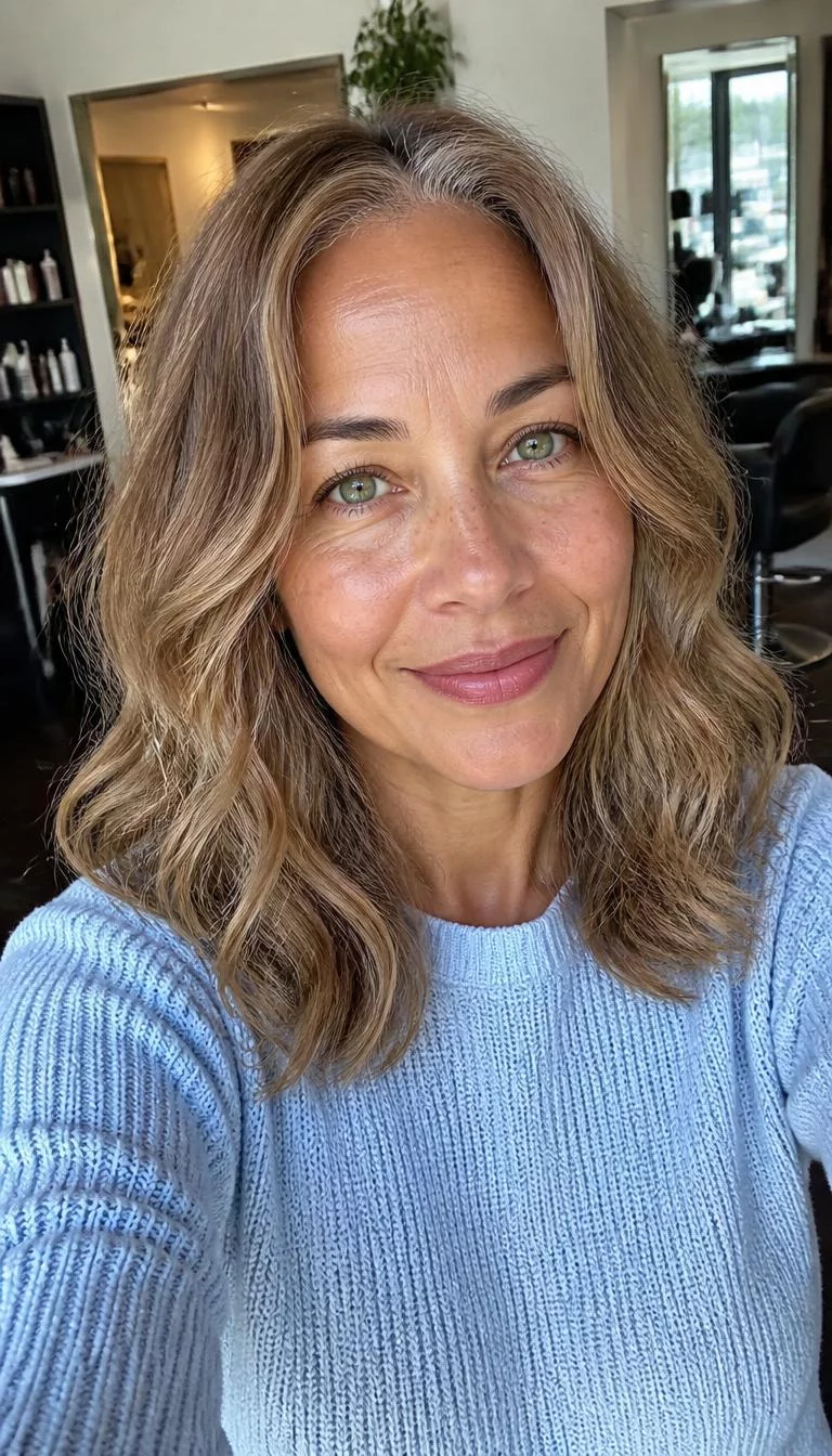 selfie of a 57-year-old Mixed-race woman with a pear-shaped face, fair, upturned nose, thick natural eyebrows, and full lips. Her face features faint freckles across the nose, visible pores, and subtle natural facial asymmetry. She has round green eyes, pronounced cheekbones, subtle smile, cheerful. She is slim and is wearing a baby blue knit top with toasted marshmallow bronde shoulder-length wavy hair, soft window light, hair salon