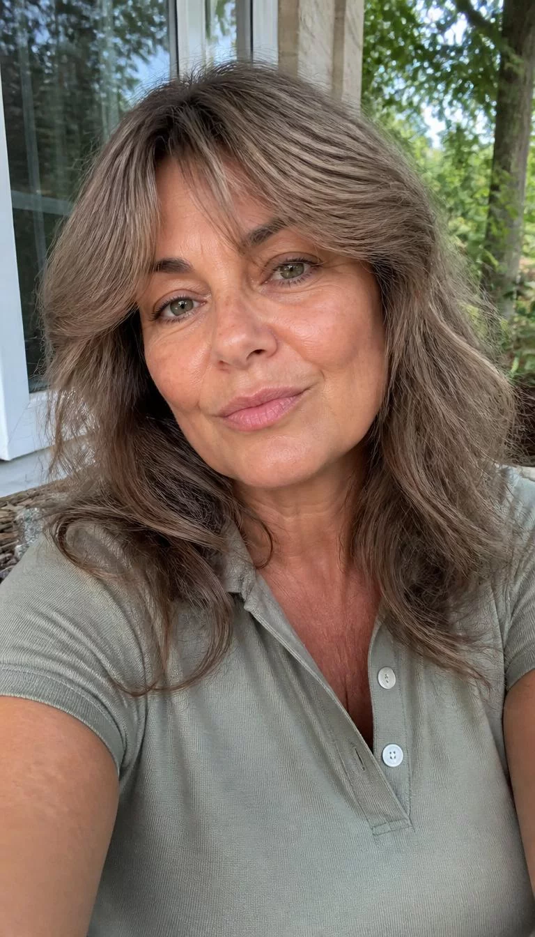 Cool Iced Mocha selfie of a 59-year-old Mediterranean woman with a square face, golden brown, button nose, softly curved eyebrows, and full lips. Her face features faint freckles across the nose, visible pores, and subtle natural facial asymmetry. She has downturned green eyes, rounded cheeks, neutral expression, playful. She is curvy and is wearing a sage green polo shirt with cool iced mocha curtain bangs and waves hair, soft window light, outdoor