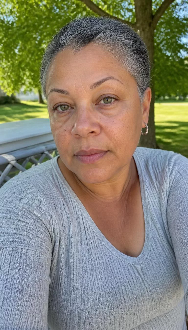 Pewter Slate selfie of a 65-year-old Mixed-race woman with a round face, golden brown, broad nose, feathered eyebrows, and thin lips. Her face features widow's peak hairline, faint under-eye shadows, and subtle natural facial asymmetry. She has round green eyes, rounded cheeks, neutral expression, relaxed. She is curvy and is wearing a light gray knit top with pewter slate short cropped hair, bright natural daylight, outdoor