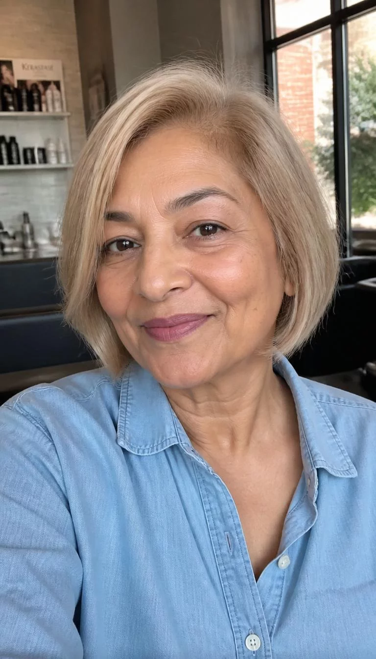 selfie of a 68-year-old South Asian woman with a diamond face, fair, broad nose, thick natural eyebrows, and thin lips. Her face features dimples, visible pores, and subtle natural facial asymmetry. She has monolid brown eyes, pronounced cheekbones, subtle smile, playful. She is average and is wearing a baby blue chambray shirt with champagne blonde chin-length bob hair, soft window light, hair salon