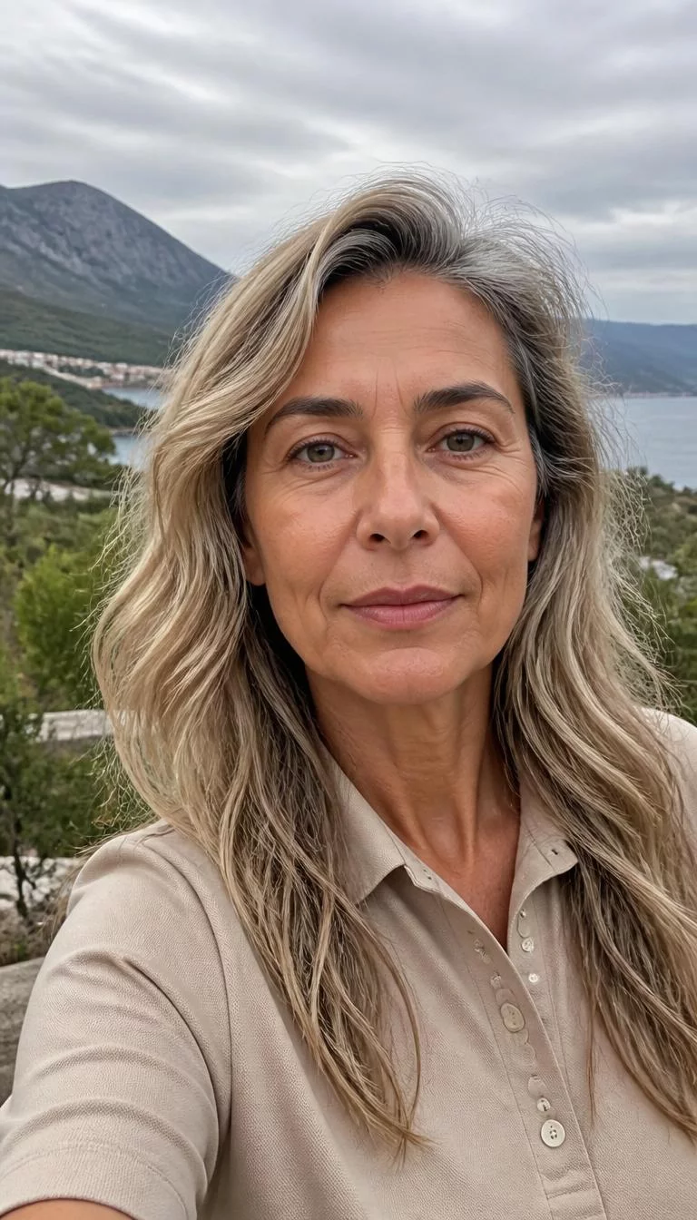 Iced Vanilla Latte selfie of a 64-year-old Southern European woman with a oval face, tan, button nose, straight eyebrows, and thin lips. Her face features dimples, subtle acne marks, and subtle natural facial asymmetry. She has monolid gray eyes, pronounced cheekbones, neutral expression, thoughtful. She is average and is wearing a beige tennis polo with iced vanilla latte long waves hair, overcast daylight, outdoor