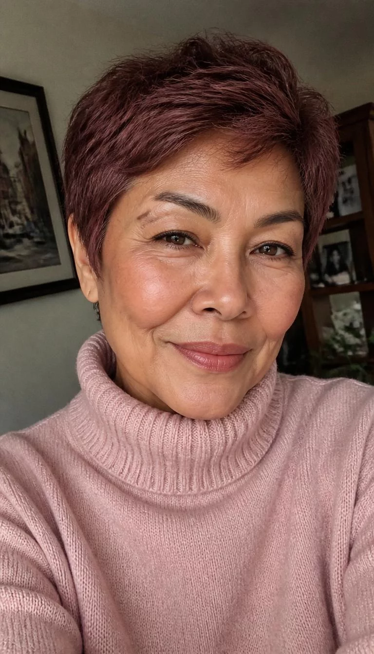 Muted Rosewood selfie of a 65-year-old Latina woman with a heart-shaped face, olive, straight nose, thick natural eyebrows, and full lips. Her face features small scar on the eyebrow, subtle acne marks, and subtle natural facial asymmetry. She has monolid amber eyes, pronounced cheekbones, subtle smile, cheerful. She is slim and is wearing a blush pink turtleneck sweater with muted rosewood textured pixie hair, overcast daylight, indoor