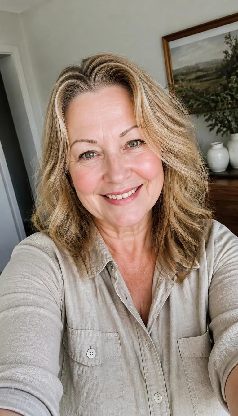 Creamy Butterscotch selfie of a 61-year-old Northern European woman with a round face, deep brown, button nose, thin arched eyebrows, and heart-shaped lips. Her face features widow's peak hairline, slightly flushed cheeks, and subtle natural facial asymmetry. She has almond-shaped green eyes, soft cheekbones, broad smile, cheerful. She is curvy and is wearing a beige chambray shirt with creamy butterscotch collarbone-length waves hair, bright natural daylight, indoor