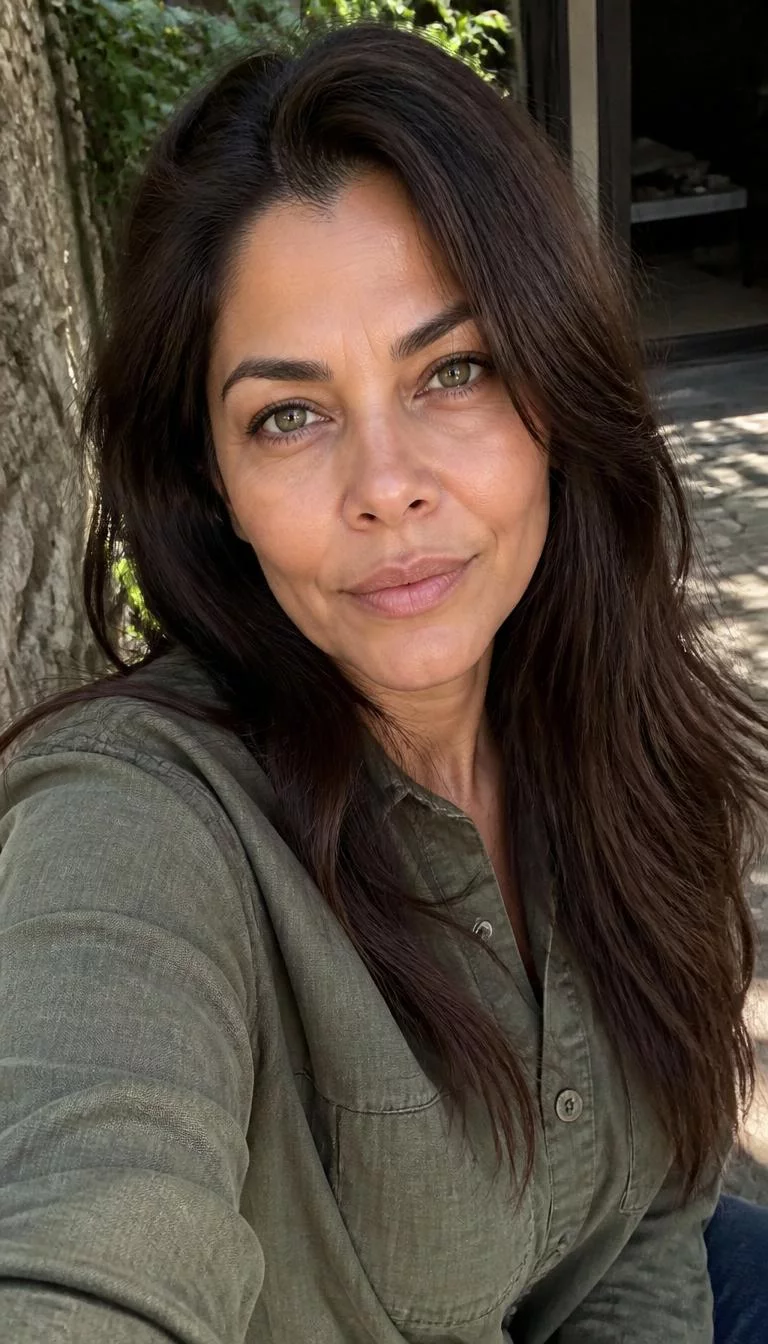 Rich Mahogany Brunette selfie of a 63-year-old Latina woman with a heart-shaped face, dark brown, upturned nose, straight eyebrows, and wide lips. Her face features widow's peak hairline, faint under-eye shadows, and subtle natural facial asymmetry. She has upturned green eyes, rounded cheeks, neutral expression, playful. She is athletic and is wearing a olive green oversized button-up shirt with rich mahogany brunette long layered hair, soft window light, outdoor