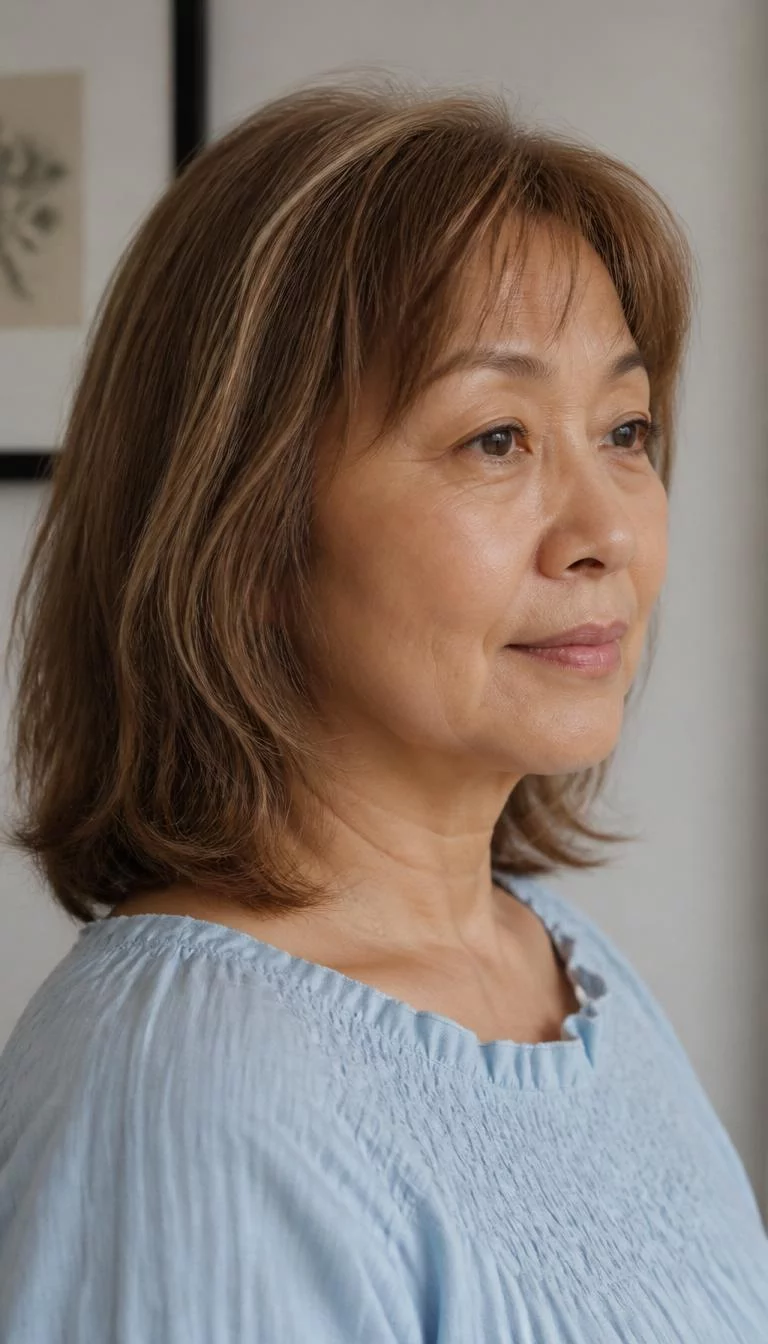 Warm Toasted Almond A side view photo of a 67-year-old East Asian woman with a pear-shaped face, dark brown, button nose, thin arched eyebrows, and full lips. Her face features small scar on the eyebrow, faint under-eye shadows, and subtle natural facial asymmetry. She has deep-set amber eyes, rounded cheeks, subtle smile, relaxed. She is athletic and is wearing a baby blue smocked blouse with warm toasted almond shoulder-length hair with bangs, overcast daylight, indoor