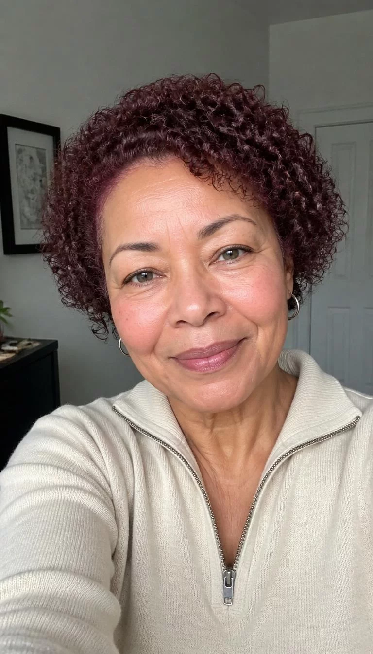 Deep Burgundy Wine selfie of a 64-year-old Mixed-race woman with a round face, dark brown, narrow nose, straight eyebrows, and heart-shaped lips. Her face features small scar on the eyebrow, slightly flushed cheeks, and subtle natural facial asymmetry. She has monolid gray eyes, pronounced cheekbones, closed-mouth smile, cheerful. She is slim and is wearing a beige quarter-zip pullover with deep burgundy wine short curly hair, overcast daylight, indoor