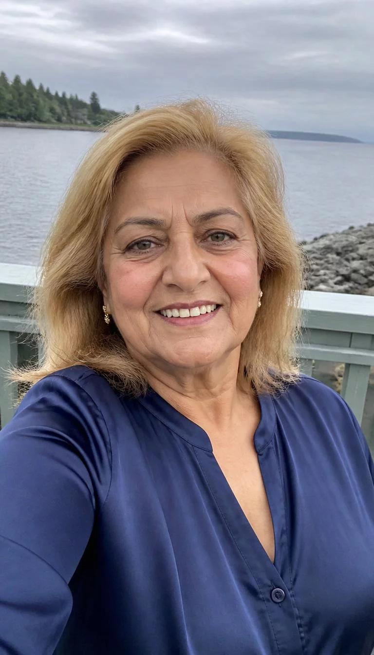 Sandstone Beige Blonde selfie of a 66-year-old South Asian woman with a square face, golden brown, narrow nose, softly curved eyebrows, and thin lips. Her face features uneven eyebrows, slightly flushed cheeks, and subtle natural facial asymmetry. She has deep-set green eyes, high cheekbones, broad smile, relaxed. She is average and is wearing a navy blue silk blouse with sandstone beige blonde shoulder-length hair hair, overcast daylight, outdoor