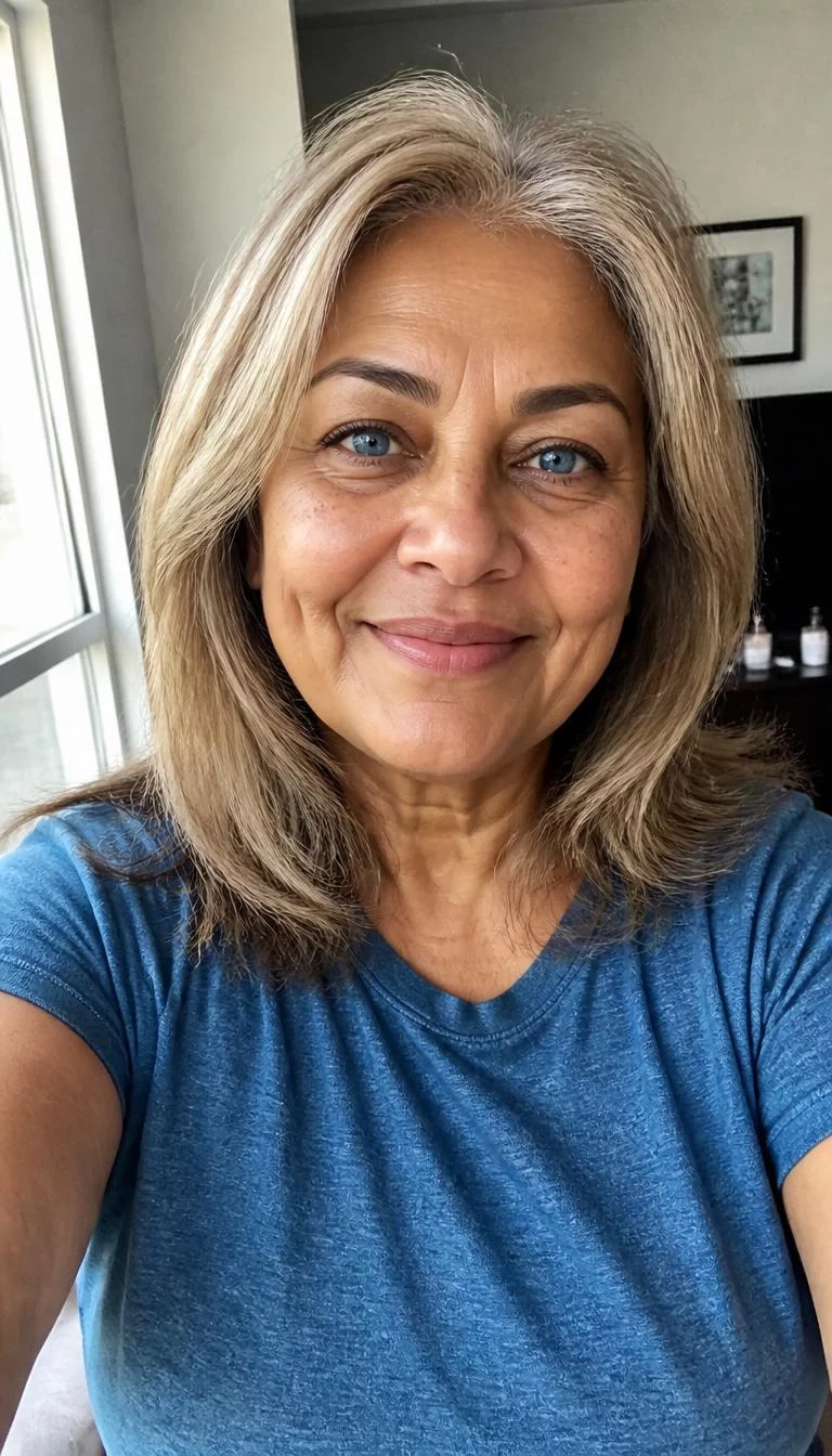 Mushroom Blonde selfie of a 68-year-old South Asian woman with a square face, olive, button nose, thick natural eyebrows, and wide lips. Her face features dimples, light freckles, and subtle natural facial asymmetry. She has almond-shaped blue eyes, pronounced cheekbones, subtle smile, cheerful. She is average and is wearing a denim blue basic crew neck t-shirt with mushroom blonde medium length layers hair, soft window light, indoor