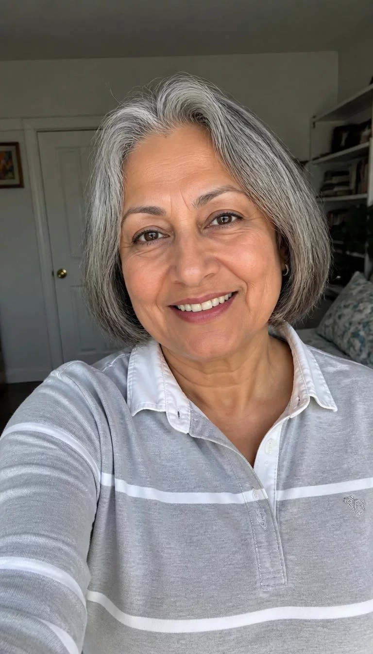 Pistachio Grey selfie of a 66-year-old South Asian woman with a round face, olive, rounded nose, thin arched eyebrows, and thin lips. Her face features widow's peak hairline, a few laugh lines, and subtle natural facial asymmetry. She has almond-shaped brown eyes, soft cheekbones, broad smile, confident. She is petite and is wearing a light gray rugby shirt with pistachio grey chin-length bob hair, overcast daylight, indoor