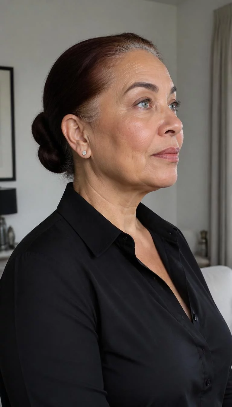 Tawny Port Brunette A side view photo of a 68-year-old Mixed-race woman with a pear-shaped face, olive, aquiline nose, thick natural eyebrows, and wide lips. Her face features widow's peak hairline, subtle acne marks, and subtle natural facial asymmetry. She has upturned blue eyes, pronounced cheekbones, subtle smile, confident. She is curvy and is wearing a black oxford shirt with tawny port brunette sleek low bun hair, overcast daylight, indoor