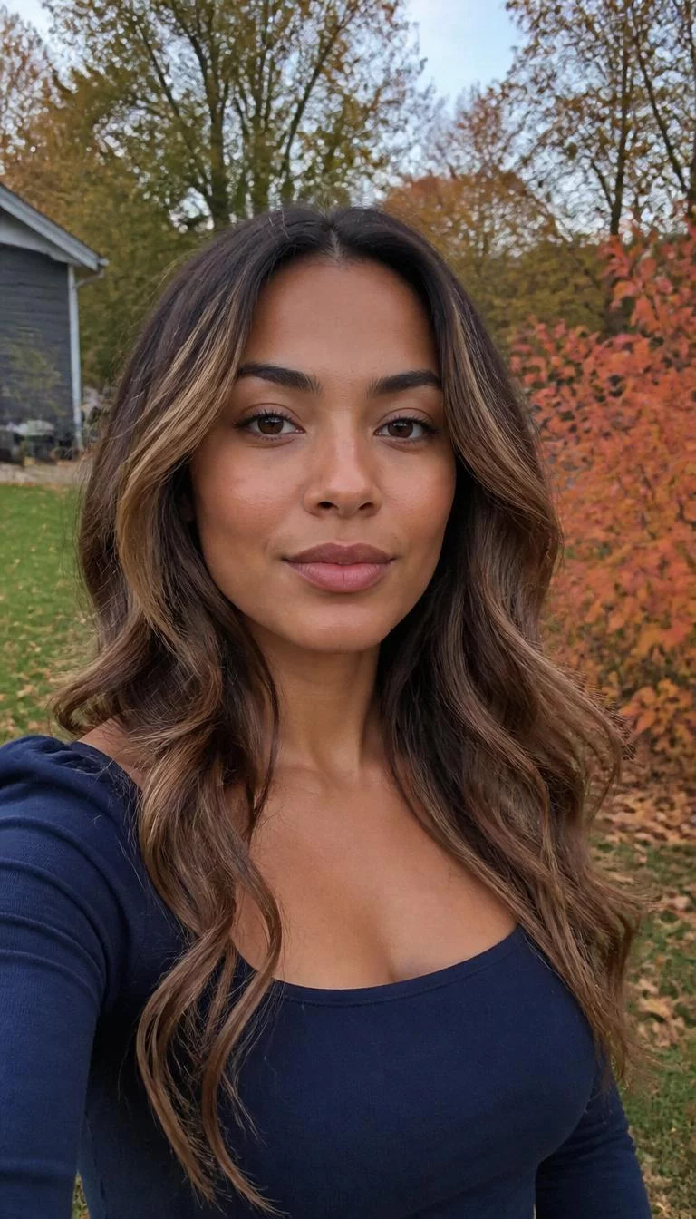 selfie of a 29-year-old Mixed-race woman with a oval face, tan, rounded nose, straight eyebrows, and full lips. Her face features widow