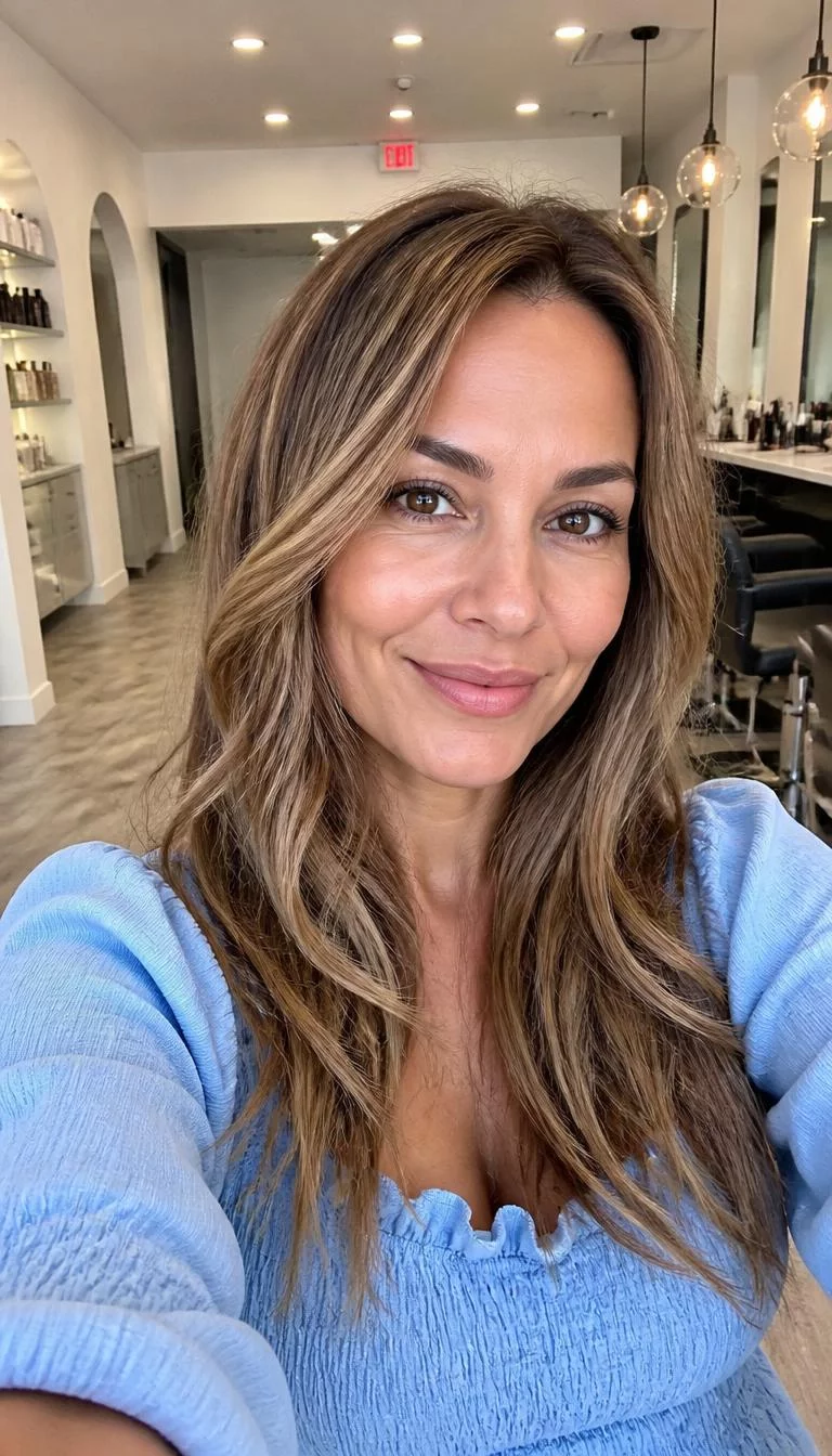 Warm Chai Latte Balayage selfie of a 46-year-old Eastern European woman with a heart-shaped face, olive, narrow nose, feathered eyebrows, and full lips. Her face features dimples, visible pores, and subtle natural facial asymmetry. She has almond-shaped brown eyes, pronounced cheekbones, broad smile, playful. She is average and is wearing a baby blue smocked blouse with warm chai latte balayage long textured hair, bright natural daylight, hair salon