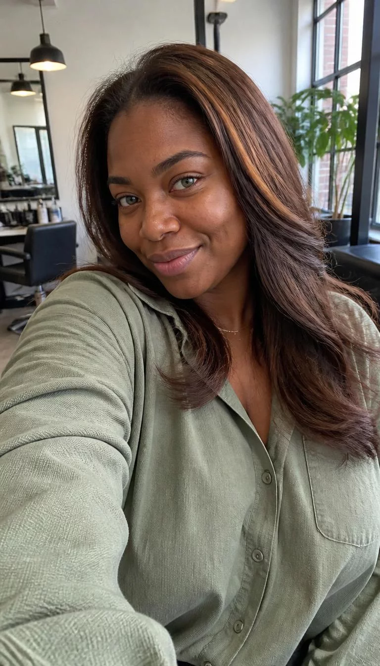 Dark Honey Chestnut selfie of a 33-year-old Afro-Caribbean woman with a diamond face, deep brown, broad nose, straight eyebrows, and full lips. Her face features slightly crooked smile, subtle acne marks, and subtle natural facial asymmetry. She has monolid green eyes, pronounced cheekbones, subtle smile, playful. She is curvy and is wearing a sage green oversized button-up shirt with dark honey chestnut long blowout hair, soft window light, hair salon