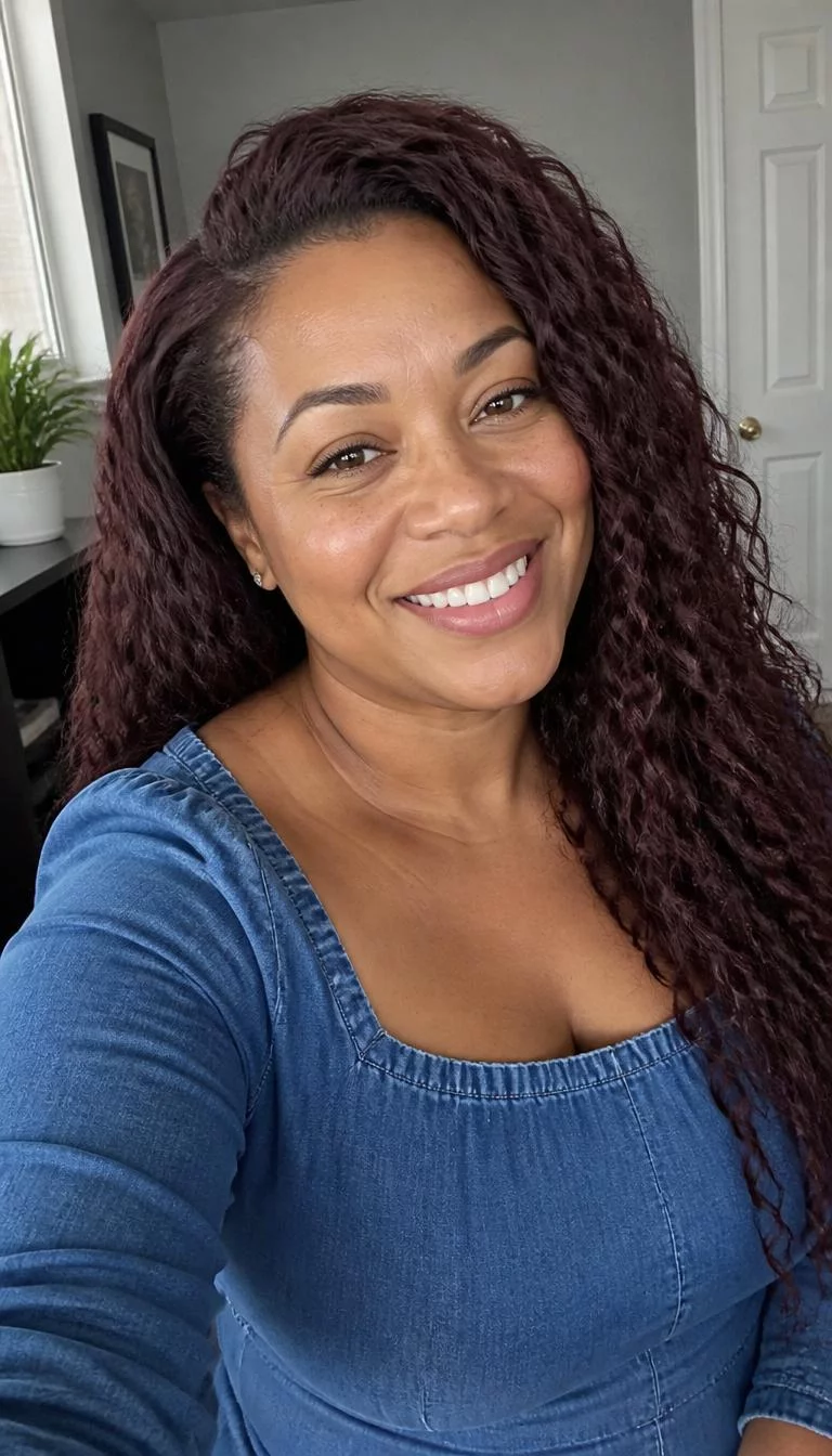 Rich Mahogany Wood selfie of a 39-year-old Afro-Caribbean woman with a pear-shaped face, olive, button nose, straight eyebrows, and heart-shaped lips. Her face features uneven eyebrows, light freckles, and subtle natural facial asymmetry. She has downturned gray eyes, high cheekbones, broad smile, cheerful. She is average and is wearing a denim blue square-neck blouse with rich mahogany wood long curly hair, overcast daylight, indoor