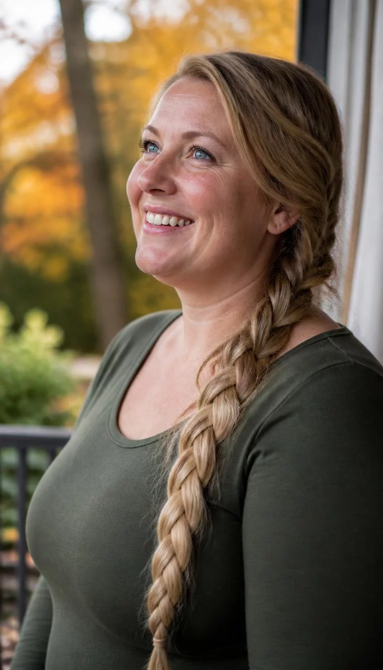 Cool Champagne Toasted Blonde A side view photo of a 35-year-old Northern European woman with a oval face, light, aquiline nose, softly curved eyebrows, and heart-shaped lips. Her face features gap between front teeth, light freckles, and subtle natural facial asymmetry. She has upturned blue eyes, soft cheekbones, broad smile, cheerful. She is plus-size and is wearing a olive green long sleeve t-shirt with cool champagne toasted blonde long braided hair, soft window light, fall outdoor background