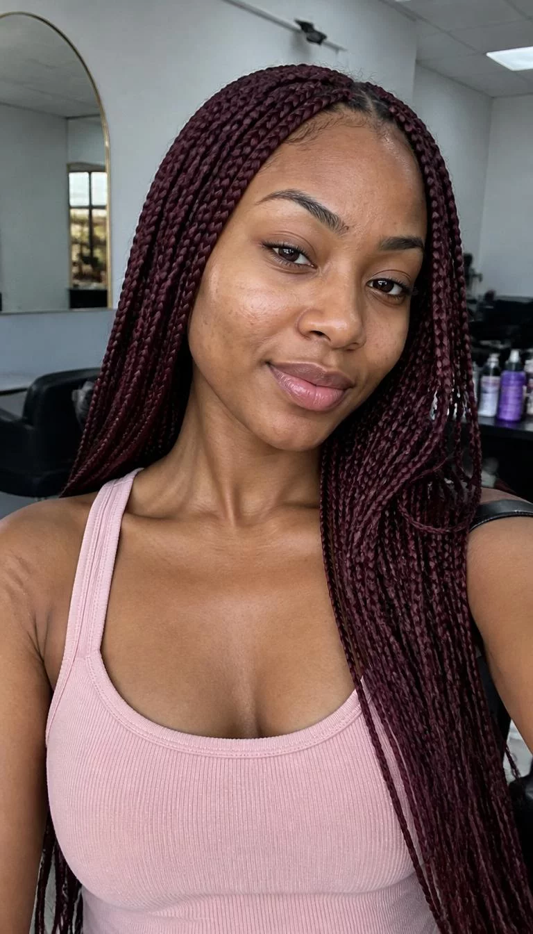 Mulled Wine Velvet selfie of a 26-year-old Afro-Caribbean woman with a oval face, dark brown, button nose, thick natural eyebrows, and full lips. Her face features uneven eyebrows, subtle acne marks, and subtle natural facial asymmetry. She has monolid hazel eyes, pronounced cheekbones, closed-mouth smile, confident. She is slim and is wearing a blush pink tank-style top with mulled wine velvet long micro braids, overcast daylight, hair salon
